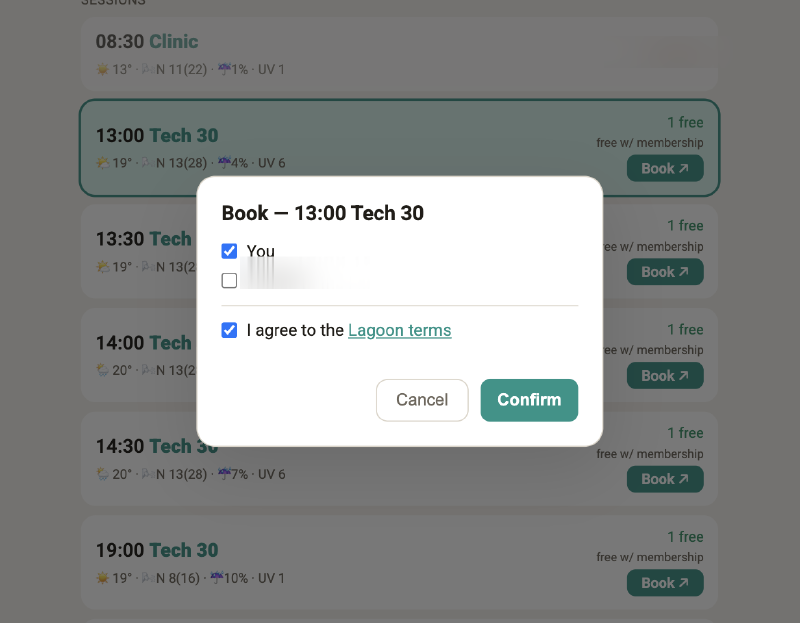 The in-app booking sheet