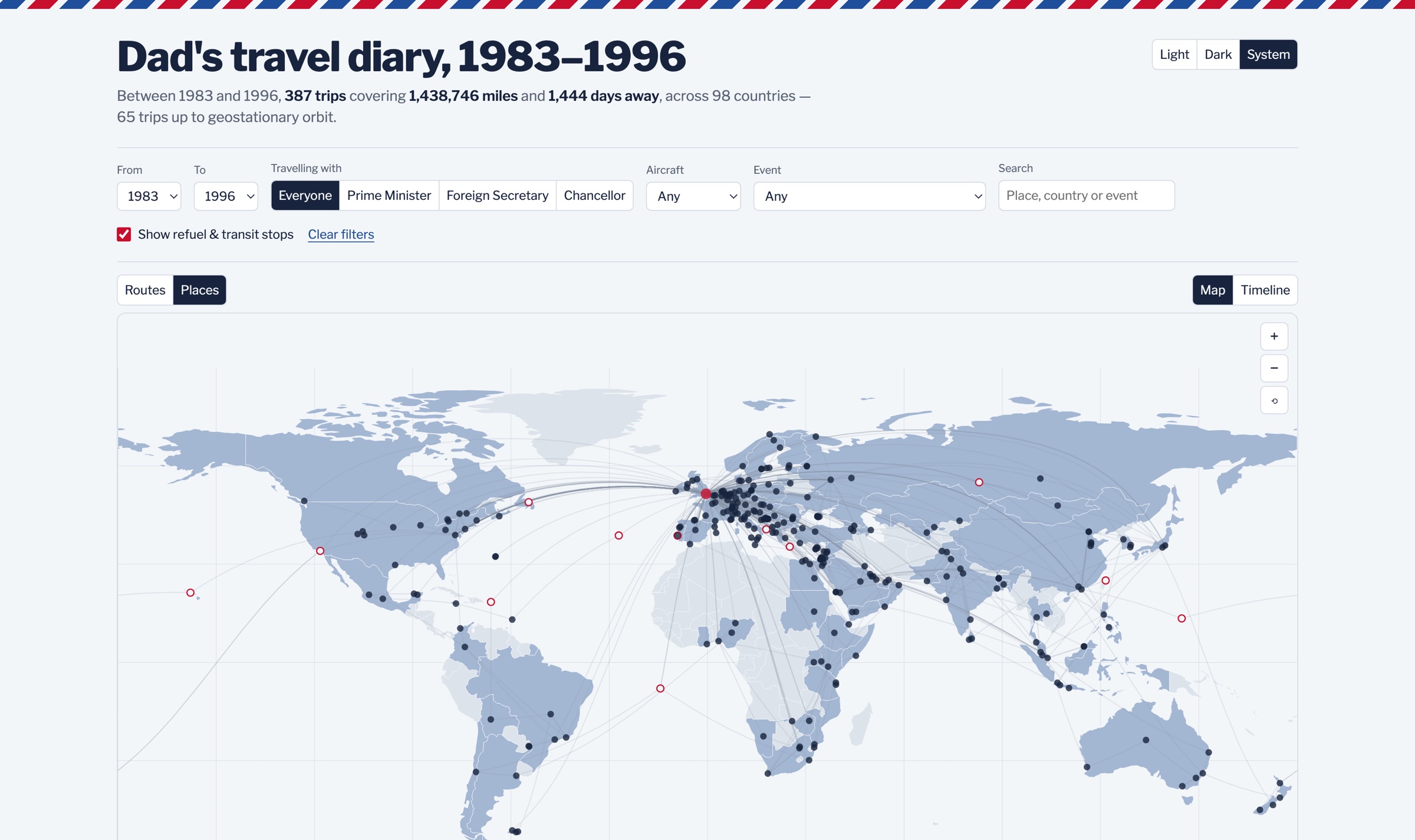 Places mode — every country visited, shaded
